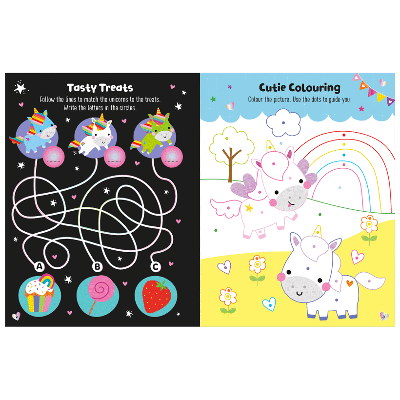 Second spread of Glow in the Dark Unicorns Activity Book (9781805444473)