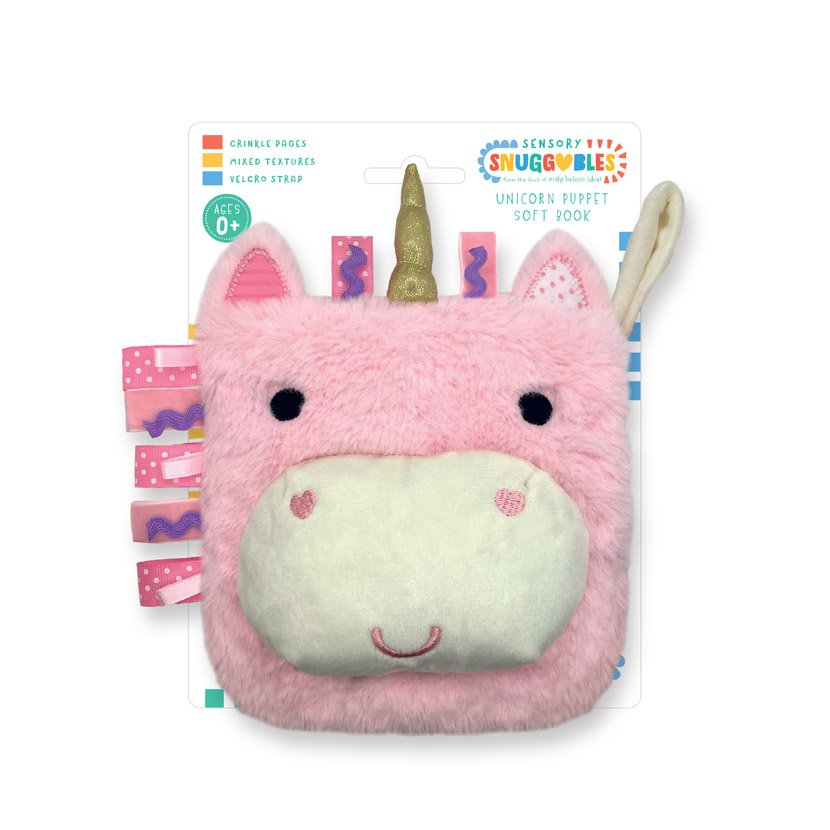 First Spread of Sensory Snuggables Unicorn Puppet Soft Book (9781836421023)