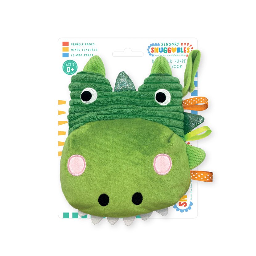 First Spread of Sensory Snuggables Dinosaur Puppet Soft Book (9781836421030)