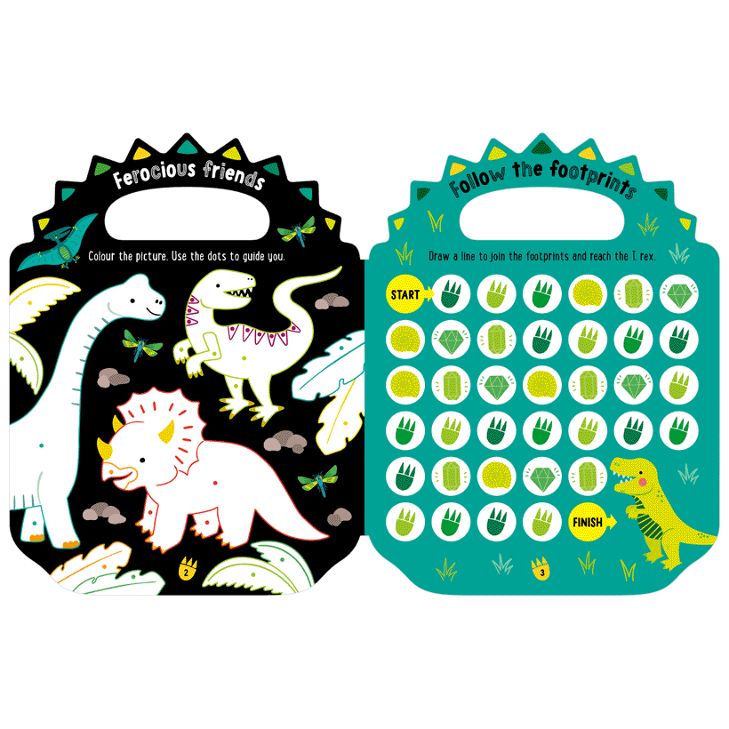 Second spread of Shiny Stickers My Green and Scaly Dinosaur Activity Book (9781805444411)