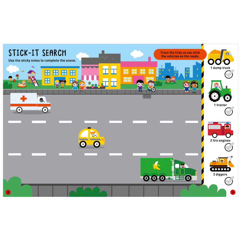 Second spread of Sticky Notes Things That Go Activity Book (9781805444442)