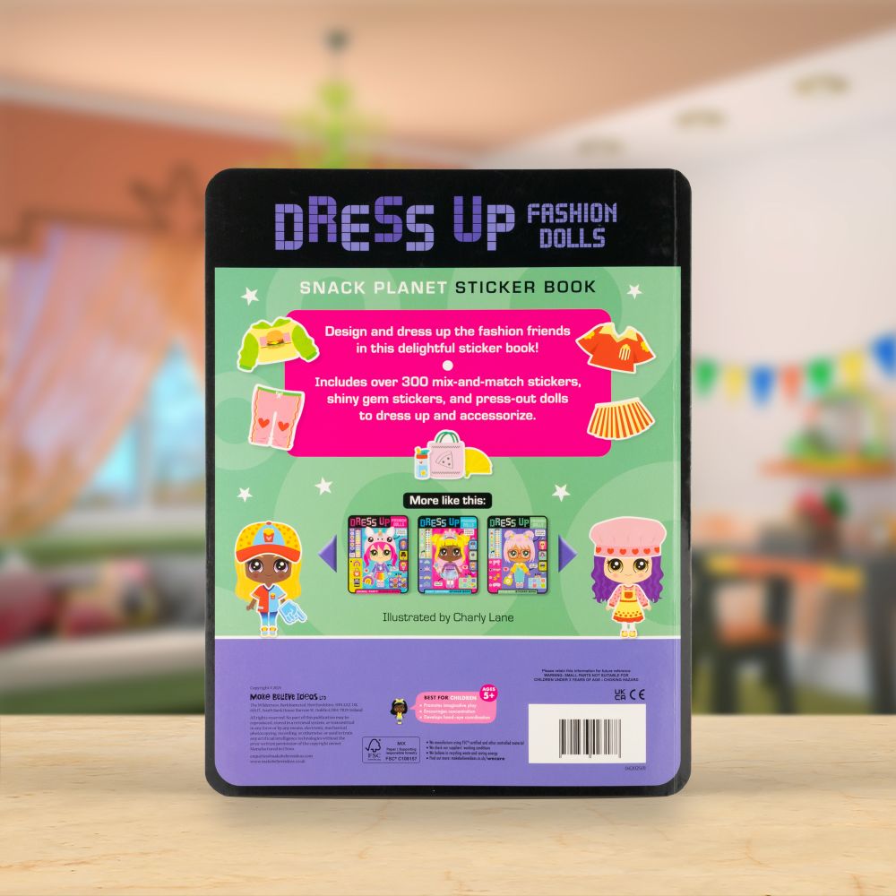 Product image 6 of Dress Up Fashion Dolls Snack Planet, a sticker activity book for ages 5+, by Make Believe Ideas.